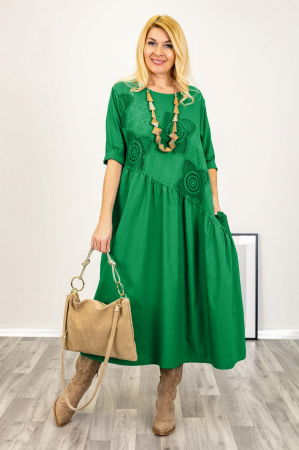 Rochii Casual - Rochie verde oversize, cu taietura oblica si broderie, din poplin si jerseu