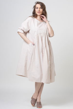 Rochii Casual - Rochie bej oversize, cu trei volane asimetrice, din poplin satinat