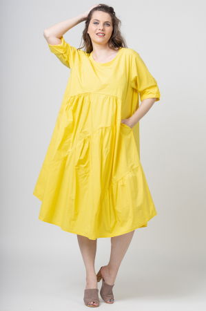 Rochii Elegante & Office - Rochie galbena oversize, cu maneca scurta, cu trei volane asimetrice, din poplin satinat