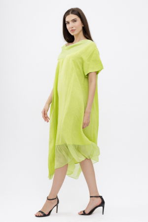 Rochie verde praz usor asimetrica A-line, din in cu guler si volan din matase, oversize [2]