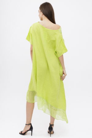 Rochie verde praz usor asimetrica A-line, din in cu guler si volan din matase, oversize [3]