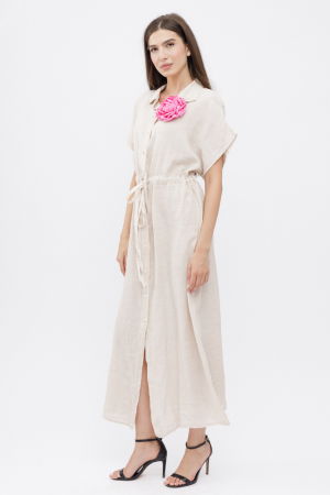 Rochie camasa, din in, cu snur in talie, bej [1]