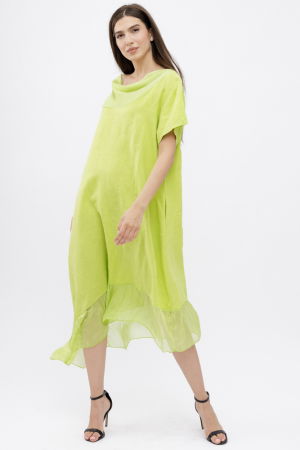 Rochie verde praz usor asimetrica A-line, din in cu guler si volan din matase, oversize [1]