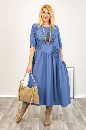 Rochii Casual - Rochie bleu cu taietura oblica si broderie, din poplin si jerseu, oversize