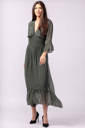 Rochie kaki din matase si vascoza cu banda elastica in talie si volane [1]