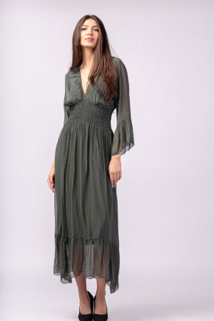 Rochii Elegante & Office - Rochie kaki din matase si vascoza cu banda elastica in talie si volane