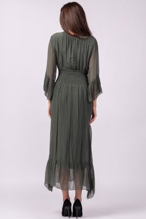 Rochie kaki din matase si vascoza cu banda elastica in talie si volane [3]