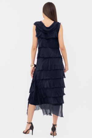 Rochie bleumarin din matase si vascoza cu  volane franjurate suprapuse, fara maneci [2]