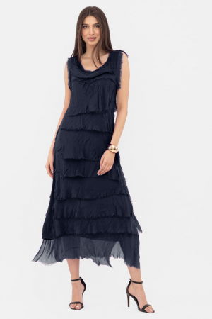 Rochii Elegante & Office - Rochie bleumarin din matase si vascoza cu  volane franjurate suprapuse, fara maneci
