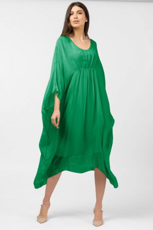 Rochii Elegante & Office - Rochie verde in colturi, lunga, ampla, din matase si vascoza, cu detaliu sub bust