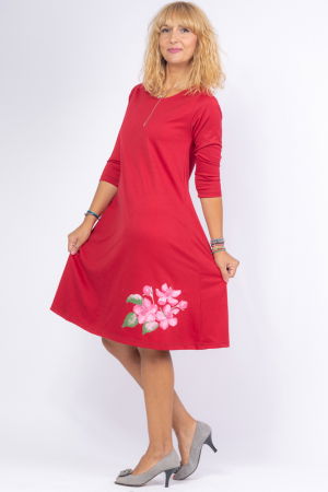 Rochie bordo `A line` midi, cu imprimeu floare picturala [2]