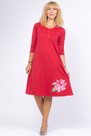 Rochii din Jerseu - Rochie bordo `A line` midi, cu imprimeu floare picturala