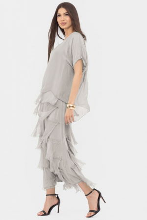 Rochii Elegante & Office - Rochie gri deschis din matase si vascoza cu  volane franjurate suprapuse