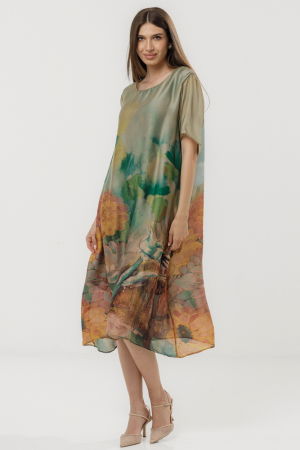 Rochie eleganta satinata A-line cu croiala lejera si imprimeu floral in tonuri bej-verde-oranj [1]