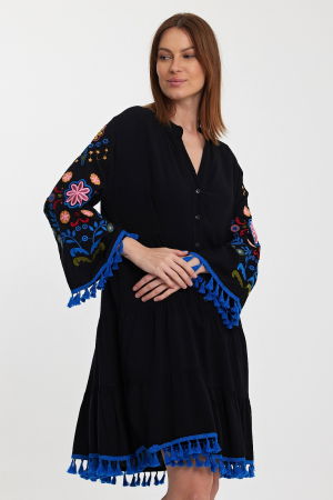 Rochii - Rochie brodata scurta neagra, cu franjuri albastri
