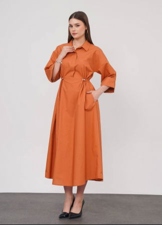 Rochii Casual - Rochie lunga tip camasa din poplin satinat de bumbac, caramizie