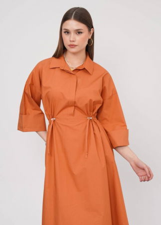 Rochie lunga tip camasa din poplin satinat de bumbac, caramizie [5]