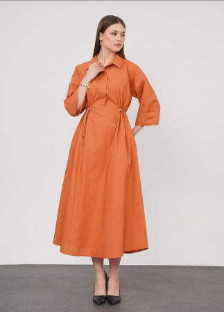 Rochie lunga tip camasa din poplin satinat de bumbac, caramizie [4]