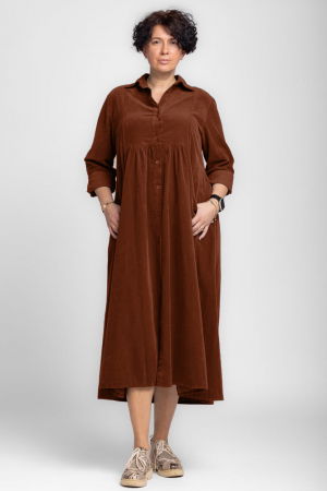 Rochii Tricotate & Sezon Rece - Rochie camasa maro ciocolata din catifea reiata, taiata in talie