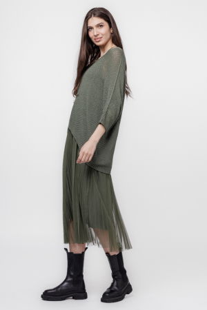 Rochie suprapusa cu puloveras si tulle plisat, kaki [1]