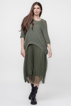 Rochii Casual - Rochie suprapusa cu puloveras si tulle plisat, kaki