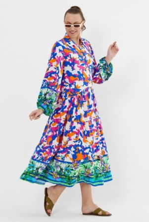 Rochii - Rochie camasa cu imprimeu albastru-fucsia, din vascoza