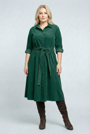 Rochii masuri mari - Rochie camasa din catifea reiata cu cordon in talie, verde