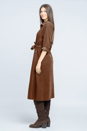 Rochie camasa din catifea reiata cu cordon in talie, bej [4]
