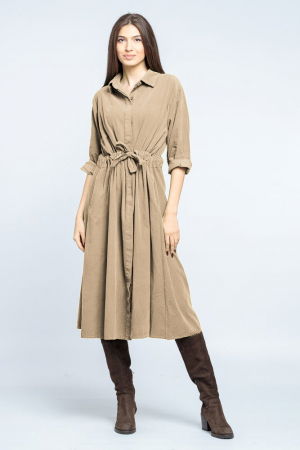 Rochii masuri mari - Rochie camasa din catifea reiata cu cordon in talie, bej