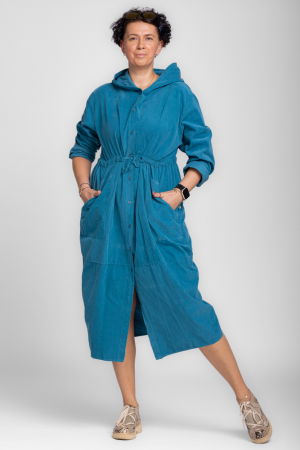 Rochii masuri mari - Rochie camasa din catifea reiata cu gluga si siret in talie, turcoaz