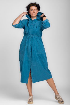 Rochie camasa din catifea reiata cu gluga si siret in talie, turcoaz [1]
