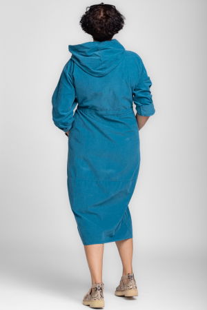 Rochie camasa din catifea reiata cu gluga si siret in talie, turcoaz [4]