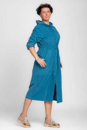 Rochie camasa din catifea reiata cu gluga si siret in talie, turcoaz [3]