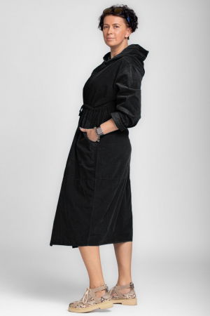 Rochie camasa din catifea reiata cu gluga si siret in talie, neagra [1]