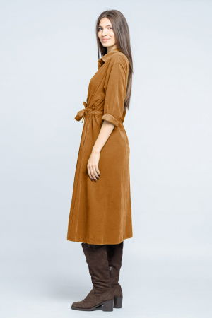 Rochie camasa din catifea reiata cu cordon in talie, camel [1]