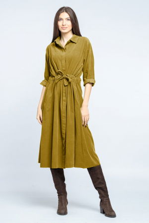 Rochii masuri mari - Rochie camasa din catifea reiata, galben mustar, cu cordon in talie