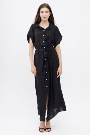 Rochie camasa, din in, cu snur in talie, neagra [1]