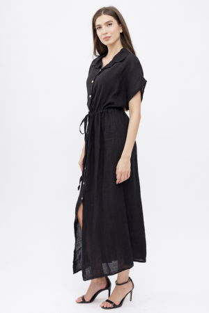 Rochie camasa, din in, cu snur in talie, neagra [2]