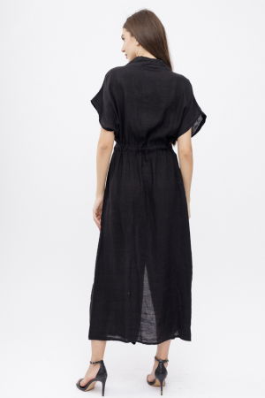 Rochie camasa, din in, cu snur in talie, neagra [3]