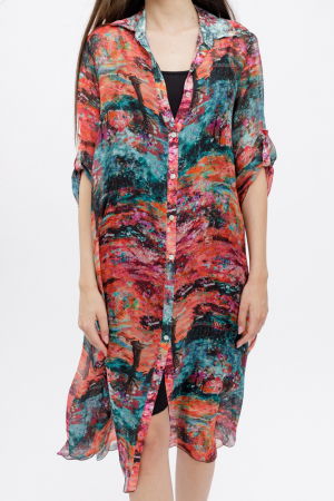 Rochie camasa A-line din matase si vascoza  cu dublura , imprimeu pictural cu rosu si turcoaz [3]