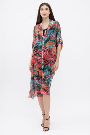 Rochie camasa A-line din matase si vascoza  cu dublura , imprimeu pictural cu rosu si turcoaz [2]