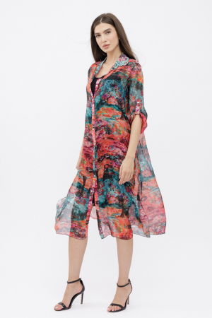 Rochii Elegante & Office - Rochie camasa A-line din matase si vascoza  cu dublura , imprimeu pictural cu rosu si turcoaz