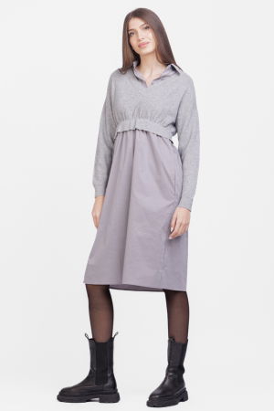 Rochii Casual - Rochie camasa din poplin de bumbac cu pulover angora, gri