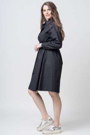 Rochie camasa din poplin satinat, cu siret in talie, neagra [2]