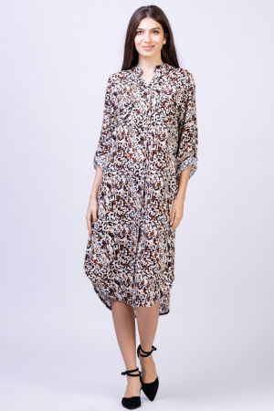 Rochii Casual - Rochie camasa din vascoza, lunga, cu imprimeu animal print bej-negru