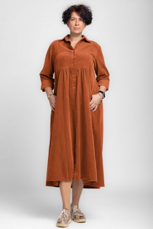 Rochii Tricotate & Sezon Rece - Rochie camasa caramizie din catifea reiata, taiata in talie