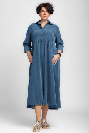 Rochii Tricotate & Sezon Rece - Rochie camasa albastru jeans din catifea reiata, taiata in talie