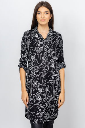 Rochii - Rochie camasa, neagra, midi, cu imprimeu grafic alb