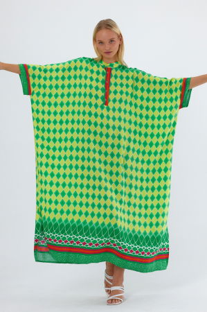 Rochie camasa oversize cu imprimeu geometric, cu romburi galbene [1]