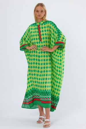 Rochie camasa oversize cu imprimeu geometric, cu romburi galbene [5]